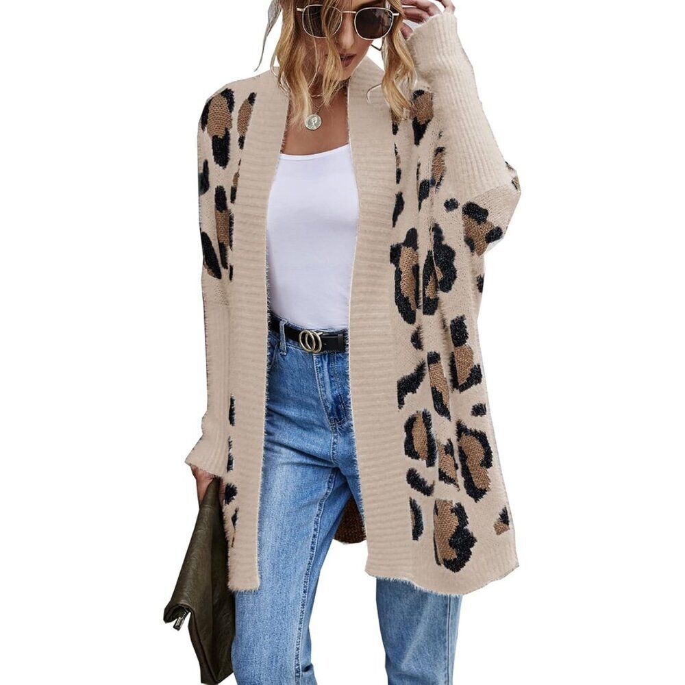 Women's Leopard Print Fuzzy Knitted Cardigan Cozy Casual Long Sleeve Outwear